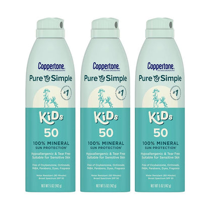 Coppertone Pure and Simple Kids Sunscreen Spray SPF 50 - Zinc Oxide Mineral Sunscreen, Hypoallergenic, Tear Free, 5 oz (Pack of 3) Avelisse