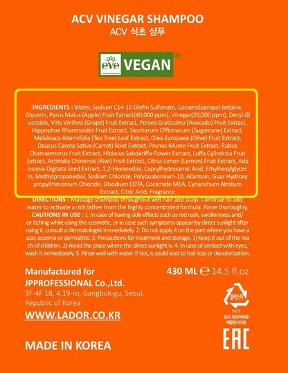LA'DOR Apple Cider Vinegar Clarifying Shampoo with Tea Tree - Sub-Acidic pH-Balanced for Oily Scalp & Dandruff, Sulfate-Free, Silicone-Free, Paraben-Free, 14.5 Fl Oz