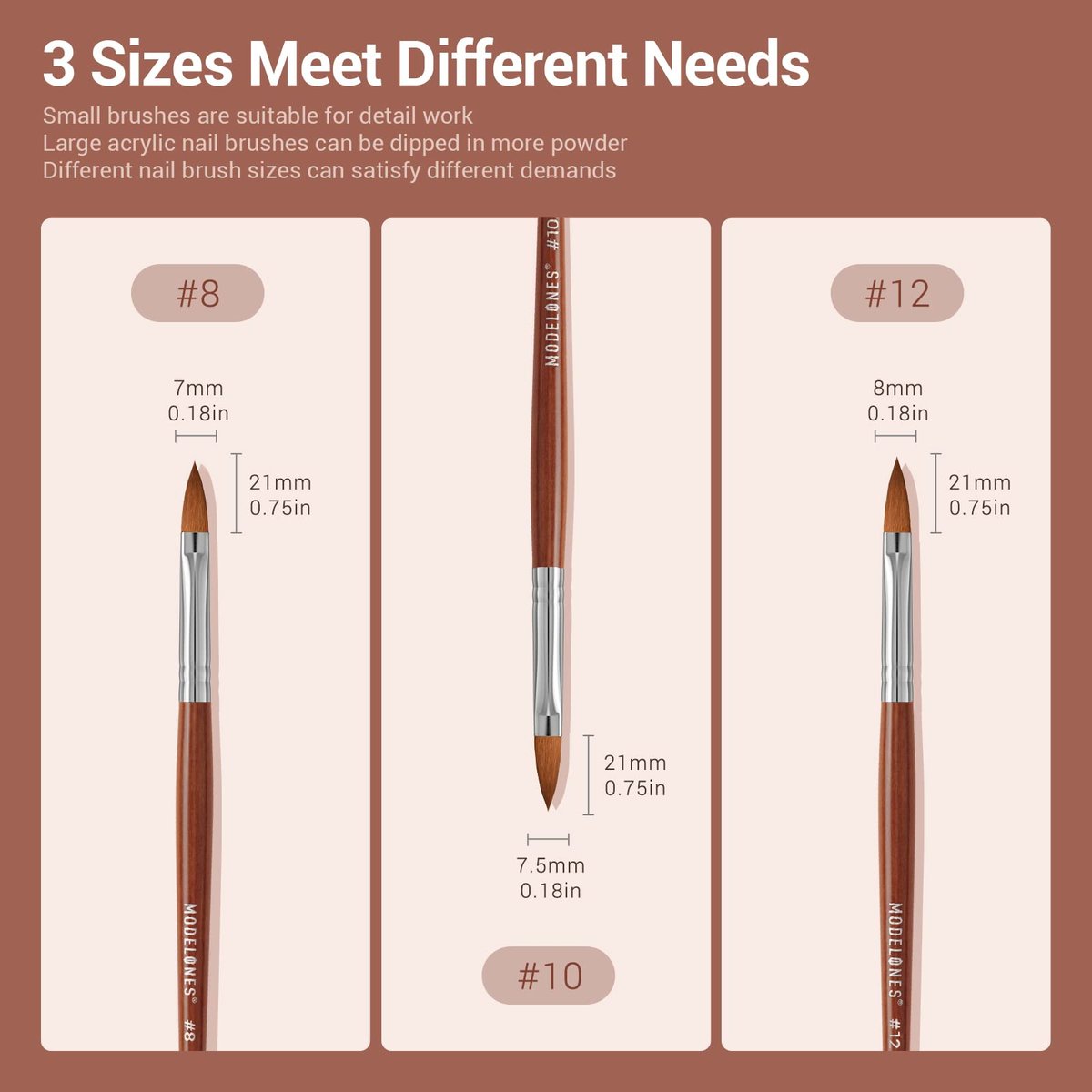 Modelones Kolinsky Acrylic Nail Brush Set – Size 8/10/12 Round Kolinsky Sable Brushes for Acrylic Powder, Gel Polish, Extension Gel, 3D Carving & Detailing – Wooden Handle, Salon & DIY - görsel 9