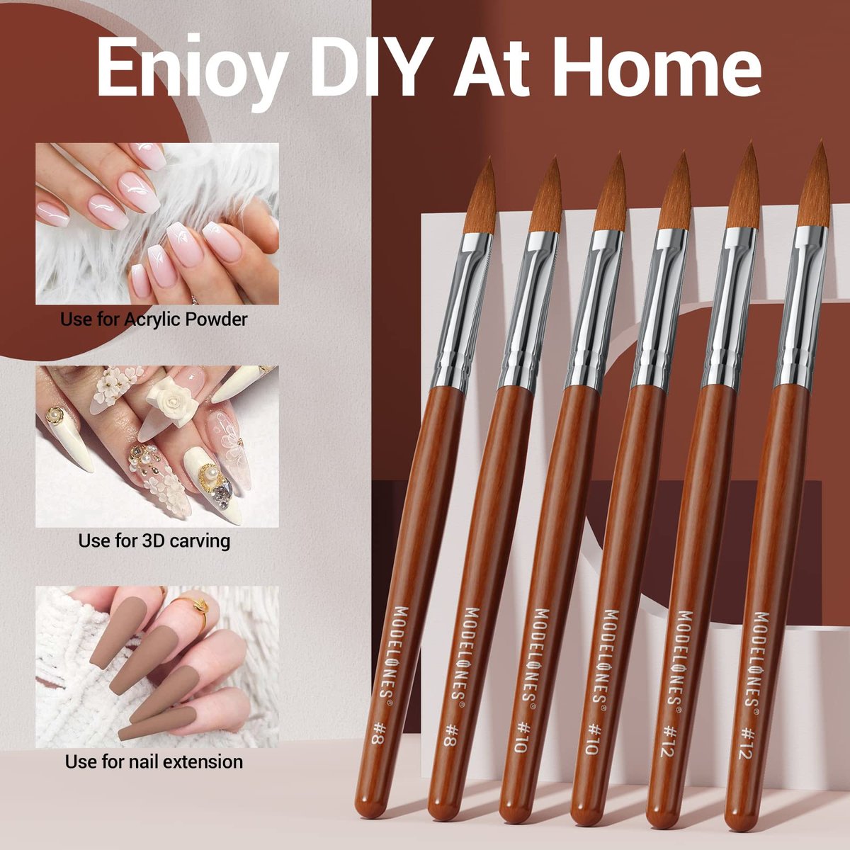 Modelones Kolinsky Acrylic Nail Brush Set – Size 8/10/12 Round Kolinsky Sable Brushes for Acrylic Powder, Gel Polish, Extension Gel, 3D Carving & Detailing – Wooden Handle, Salon & DIY - görsel 7