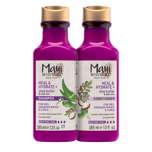 Maui Moisture Heal & Hydrate + Shea Butter Shampoo & Conditioner Bundle for Dry, Damaged Waves & Curls, Silicone-Free, 2 x 13 fl. oz
