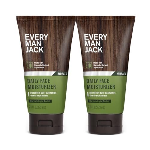 Every Man Jack Daily Face Lotion for Men – Deeply Moisturize & Revive Dry, Tired Skin with Hyaluronic Acid, Aloe Vera & Niacinamide (2.5 oz, 2-Pack)