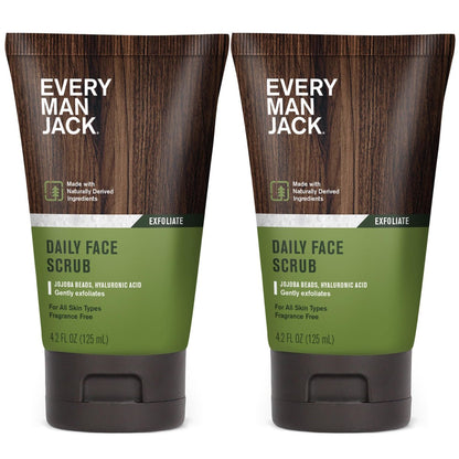 Every Man Jack Gentle Exfoliating Face Scrub for Men - Twin Pack, 4.2 oz Each - Jojoba Beads, Hyaluronic Acid, Caffeine Avelisse