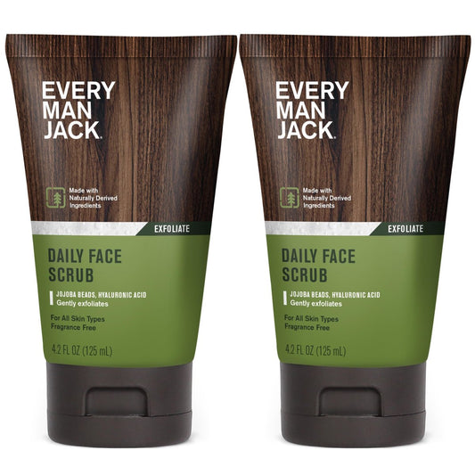 Every Man Jack Gentle Exfoliating Face Scrub for Men - Twin Pack, 4.2 oz Each - Jojoba Beads, Hyaluronic Acid, Caffeine Avelisse