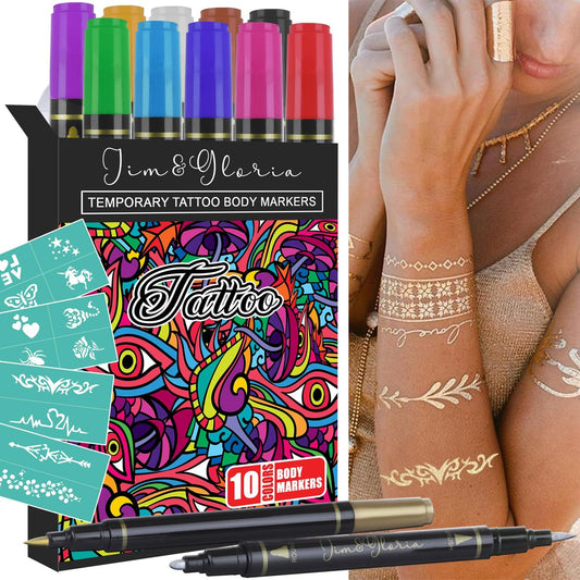 Jim&Gloria Body Art Tattoo Pen Dual Tip 10 Colors with Gold & Silver Temporary Tattoo Markers for Skin, Face Paint, Teen Girl Gifts, Trendy Stuff for Teens and Adults Avelisse