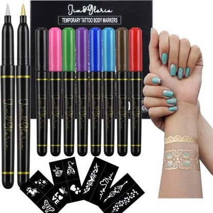 Jim&Gloria 10-Color Temporary Tattoo Pen Set with Gold and Silver - Fake Body Paint Markers for Face Painting, Party Makeup, and Creative Fun - Trendy Gift for Teens and Adults Avelisse
