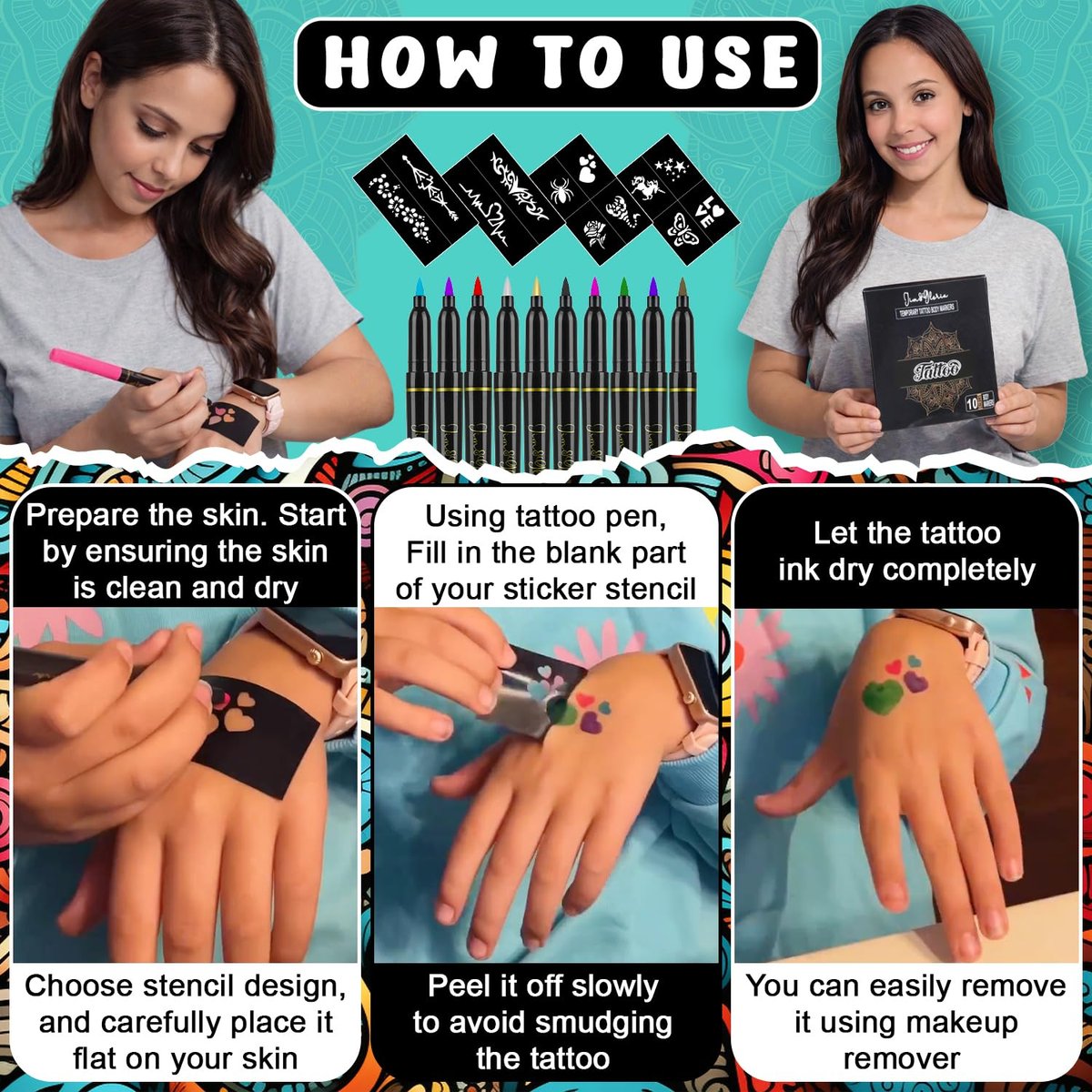 Jim&Gloria 10-Color Temporary Tattoo Pen Set with Gold and Silver - Fake Body Paint Markers for Face Painting, Party Makeup, and Creative Fun - Trendy Gift for Teens and Adults Avelisse