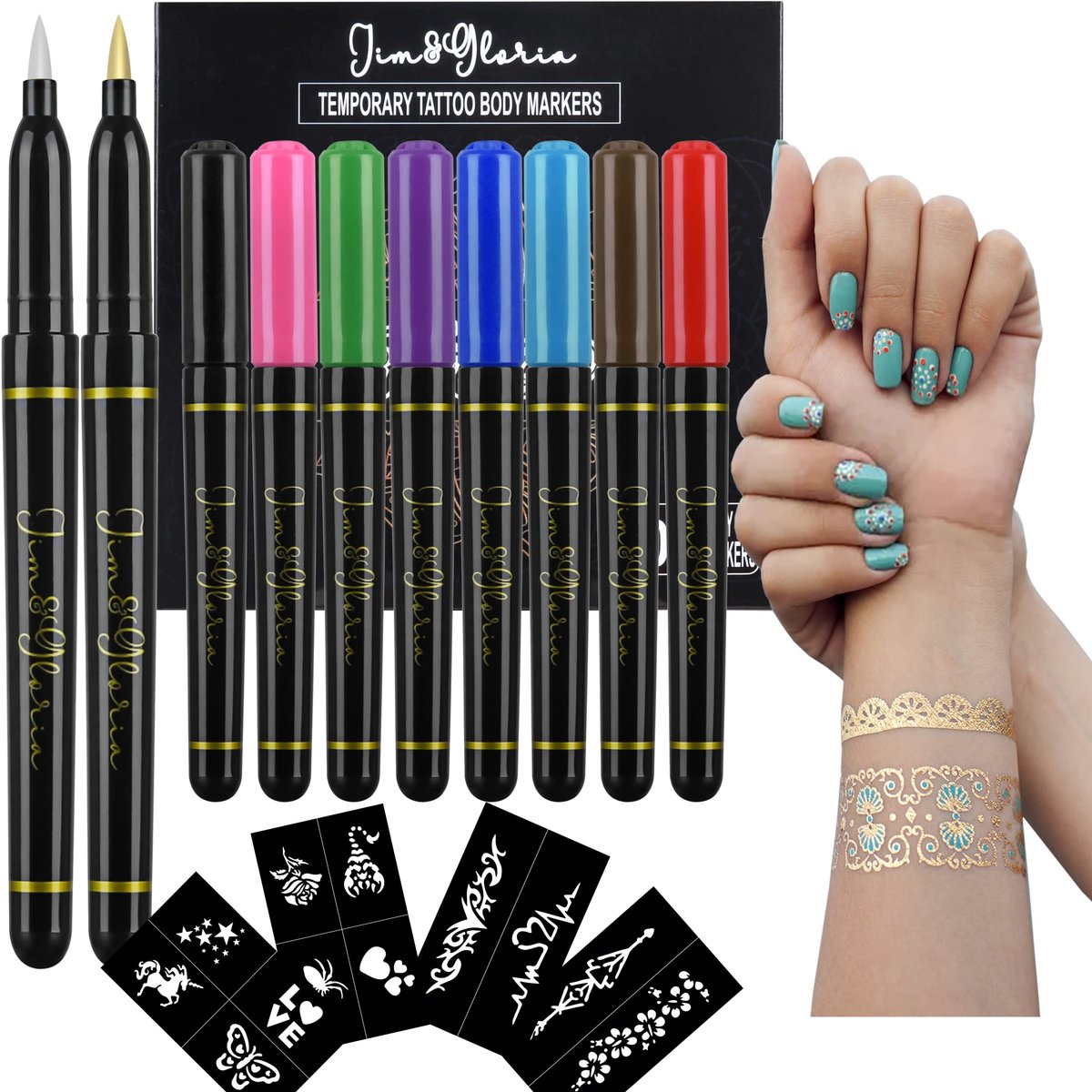 Jim&Gloria 10-Color Temporary Tattoo Pen Set with Gold and Silver - Fake Body Paint Markers for Face Painting, Party Makeup, and Creative Fun - Trendy Gift for Teens and Adults Avelisse