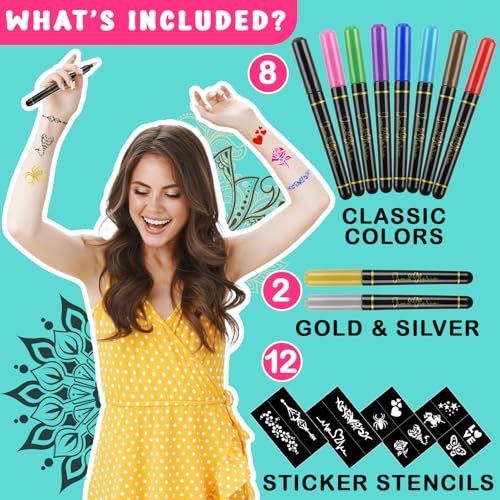 Jim&Gloria 10-Color Temporary Tattoo Pen Set with Gold and Silver - Fake Body Paint Markers for Face Painting, Party Makeup, and Creative Fun - Trendy Gift for Teens and Adults Avelisse