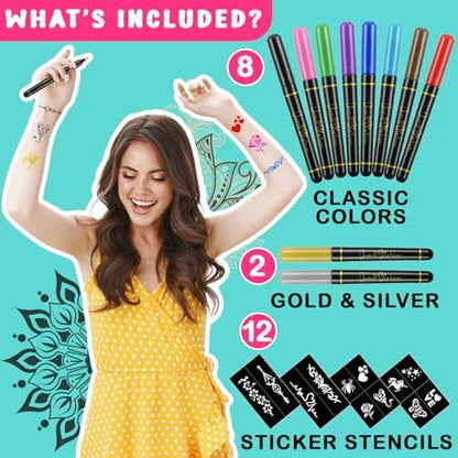 Jim&Gloria 10-Color Temporary Tattoo Pen Set with Gold and Silver - Fake Body Paint Markers for Face Painting, Party Makeup, and Creative Fun - Trendy Gift for Teens and Adults Avelisse