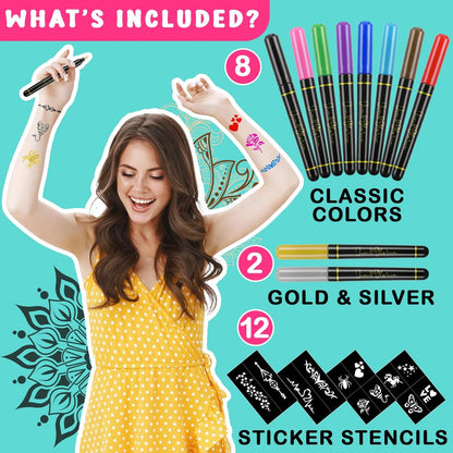 Jim&Gloria 10-Color Temporary Tattoo Pen Set with Gold and Silver - Fake Body Paint Markers for Face Painting, Party Makeup, and Creative Fun - Trendy Gift for Teens and Adults Avelisse