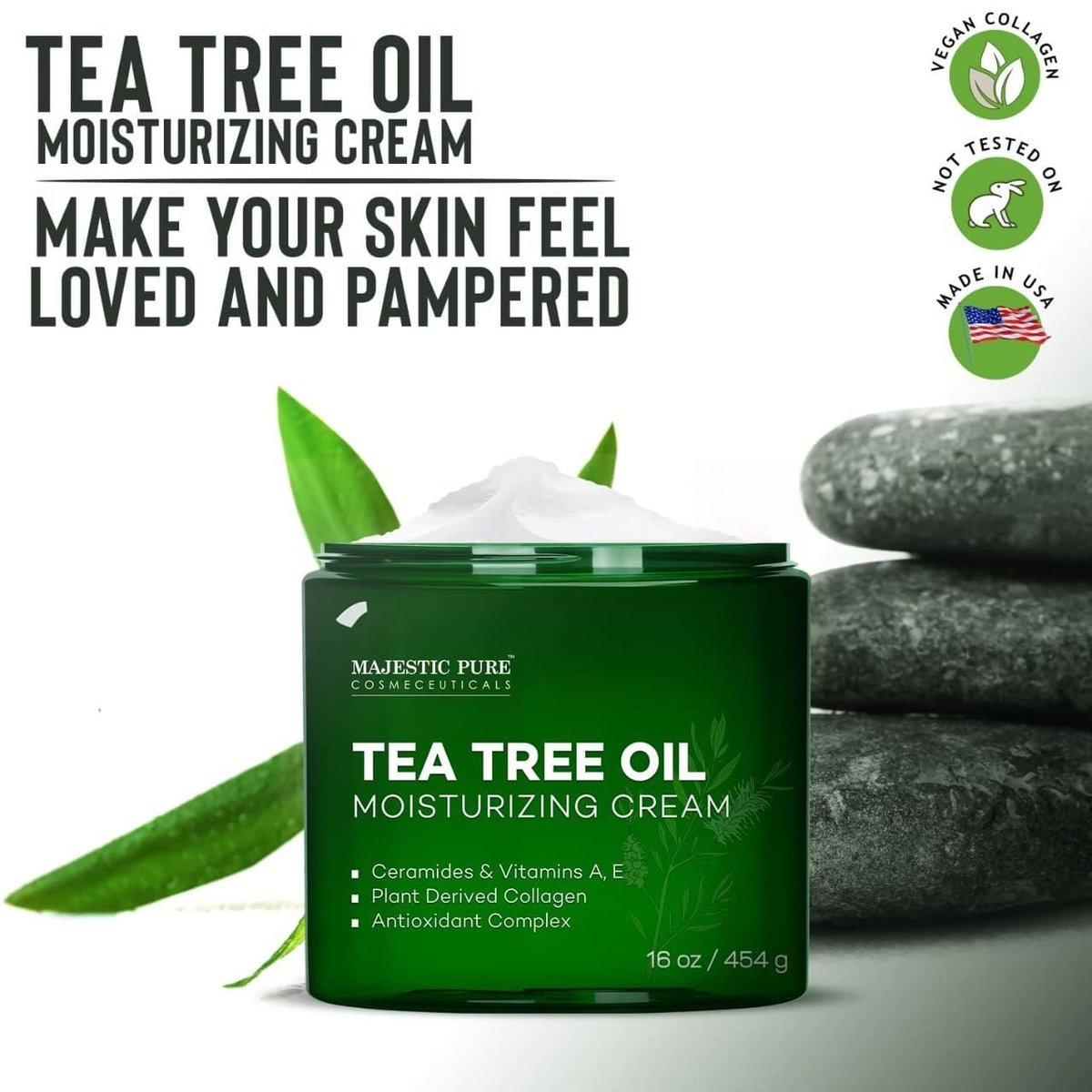 Majestic Pure Tea Tree Oil Moisturizing Cream - 16 oz - Face, Body & Foot Moisturizer with Ceramides, Vitamins A & E, Vegan Collagen for Dry & Oily Skin, Wrinkles Avelisse