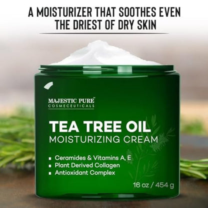 Majestic Pure Tea Tree Oil Moisturizing Cream - 16 oz - Face, Body & Foot Moisturizer with Ceramides, Vitamins A & E, Vegan Collagen for Dry & Oily Skin, Wrinkles Avelisse