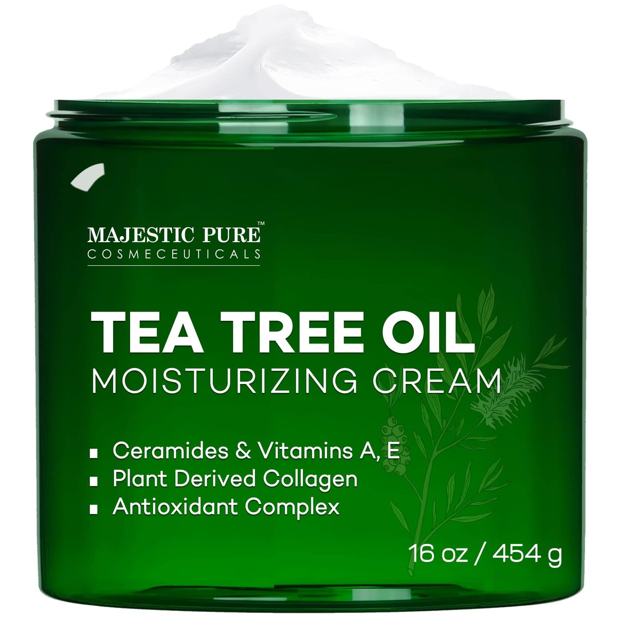 Majestic Pure Tea Tree Oil Moisturizing Cream - 16 oz - Face, Body & Foot Moisturizer with Ceramides, Vitamins A & E, Vegan Collagen for Dry & Oily Skin, Wrinkles Avelisse