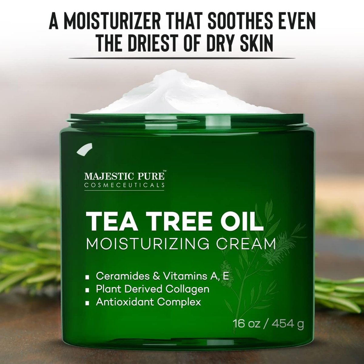 Majestic Pure Tea Tree Oil Moisturizing Cream - 16 oz - Face, Body & Foot Moisturizer with Ceramides, Vitamins A & E, Vegan Collagen for Dry & Oily Skin, Wrinkles Avelisse