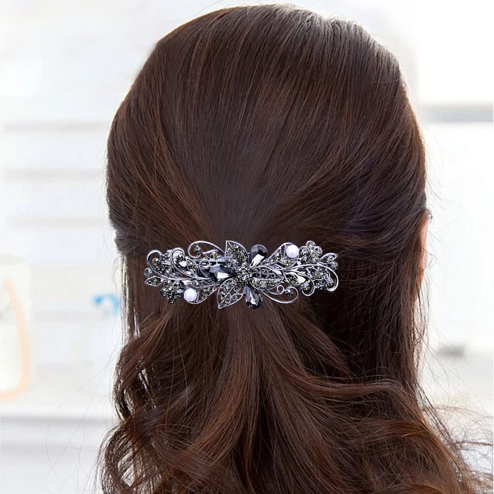 4 PCS Flower Crystal Rhinestone Hair Barrettes for Women - Pearl Spring Clip Ponytail Holders, Fashion Hair Accessories for Daily Wear (Blue, Gold) - görsel 5