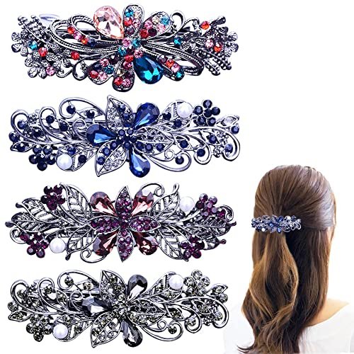 4 PCS Flower Crystal Rhinestone Hair Barrettes for Women - Pearl Spring Clip Ponytail Holders, Fashion Hair Accessories for Daily Wear (Blue, Gold) - görsel 2