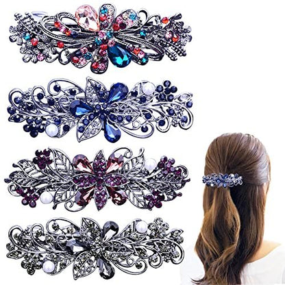 4 PCS Flower Crystal Rhinestone Hair Barrettes for Women - Pearl Spring Clip Ponytail Holders, Fashion Hair Accessories for Daily Wear (Blue, Gold)