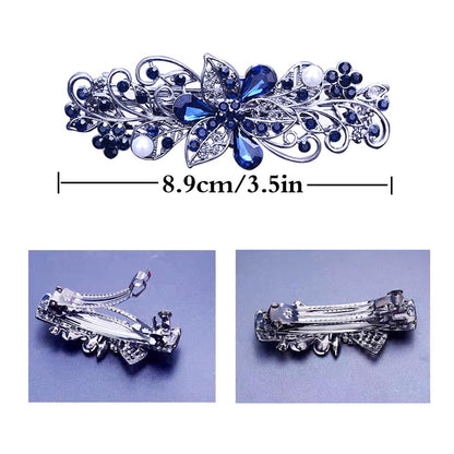 4 PCS Flower Crystal Rhinestone Hair Barrettes for Women - Pearl Spring Clip Ponytail Holders, Fashion Hair Accessories for Daily Wear (Blue, Gold)