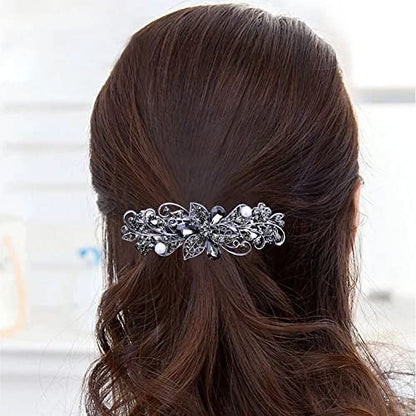 4 PCS Flower Crystal Rhinestone Hair Barrettes for Women - Pearl Spring Clip Ponytail Holders, Fashion Hair Accessories for Daily Wear (Blue, Gold)
