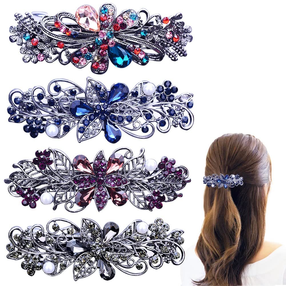 4 PCS Flower Crystal Rhinestone Hair Barrettes for Women - Pearl Spring Clip Ponytail Holders, Fashion Hair Accessories for Daily Wear (Blue, Gold) - görsel 1