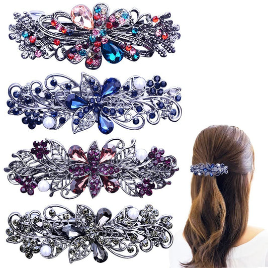 4 PCS Flower Crystal Rhinestone Hair Barrettes for Women - Pearl Spring Clip Ponytail Holders, Fashion Hair Accessories for Daily Wear (Blue, Gold)