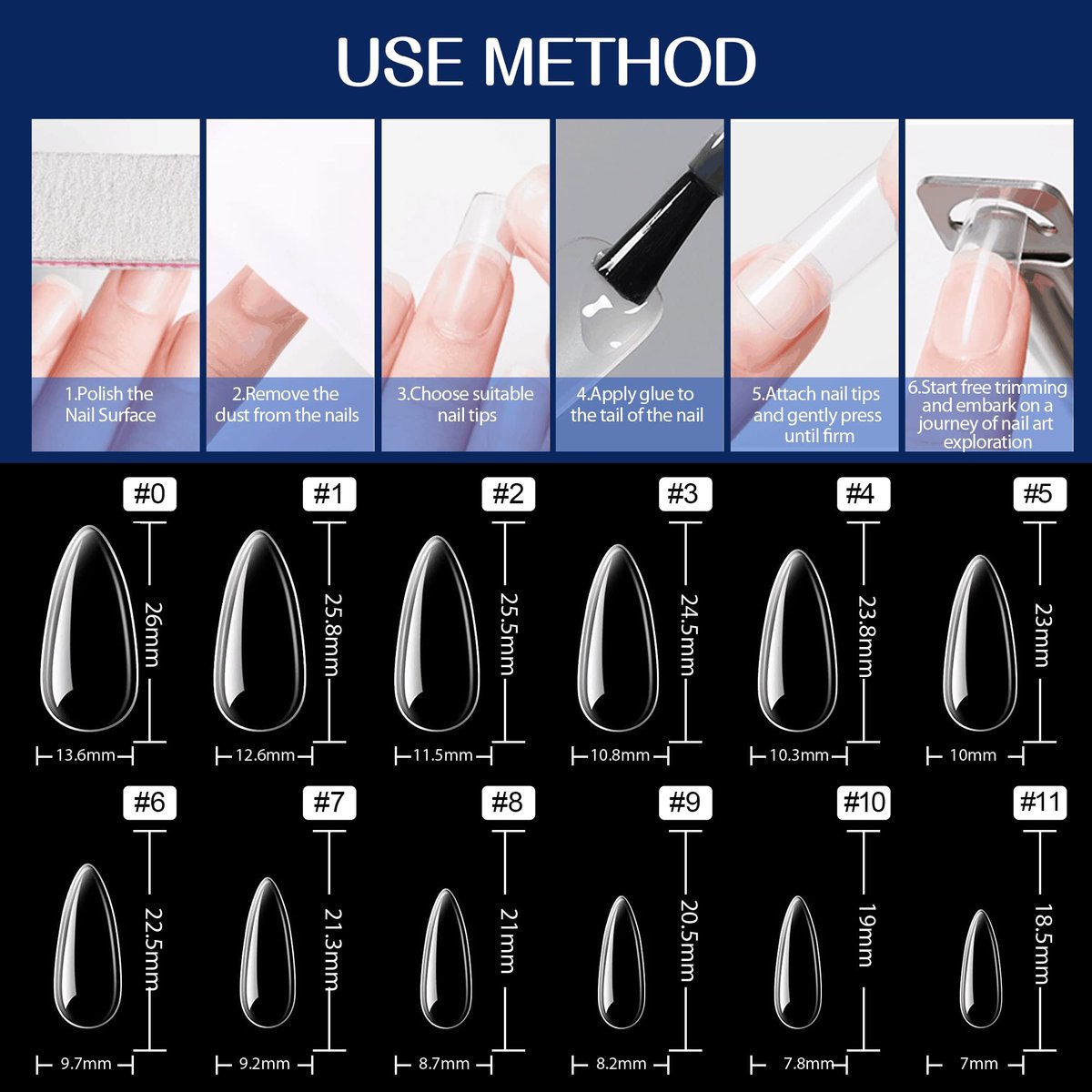 UNA GELLA Medium Almond Gel Nail Tips - 504PCS Clear Fake Nails Full Cover Acrylic Nail Extension for DIY Home Salon (12 Sizes) - görsel 10