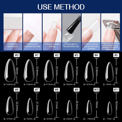 UNA GELLA Medium Almond Gel Nail Tips - 504PCS Clear Fake Nails Full Cover Acrylic Nail Extension for DIY Home Salon (12 Sizes)