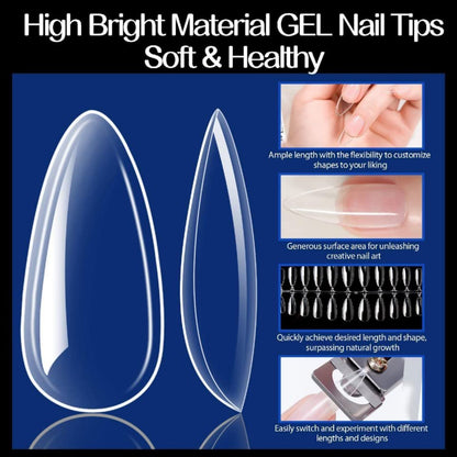UNA GELLA Medium Almond Gel Nail Tips - 504PCS Clear Fake Nails Full Cover Acrylic Nail Extension for DIY Home Salon (12 Sizes)