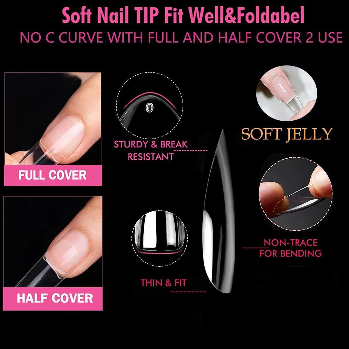 UNA GELLA Medium Almond Gel Nail Tips - 504PCS Clear Fake Nails Full Cover Acrylic Nail Extension for DIY Home Salon (12 Sizes) - görsel 8