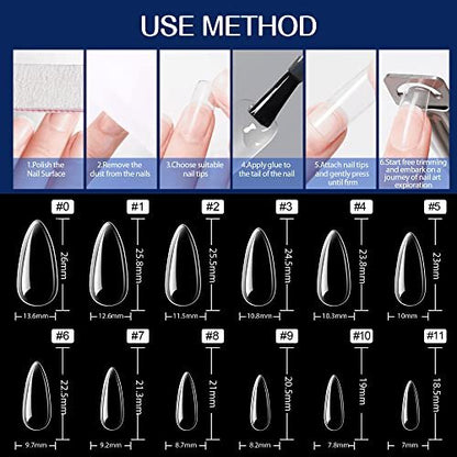 UNA GELLA Medium Almond Gel Nail Tips - 504PCS Clear Fake Nails Full Cover Acrylic Nail Extension for DIY Home Salon (12 Sizes)