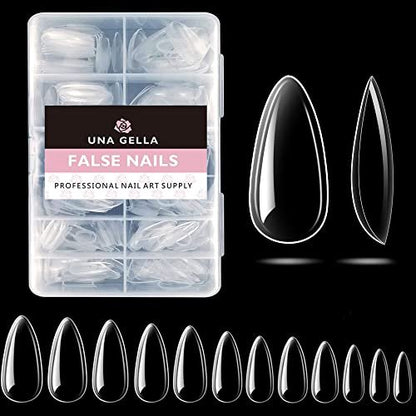 UNA GELLA Medium Almond Gel Nail Tips - 504PCS Clear Fake Nails Full Cover Acrylic Nail Extension for DIY Home Salon (12 Sizes)