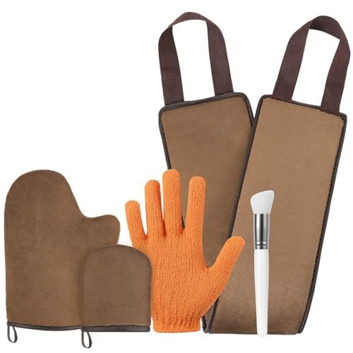 Luxspire 5 Piece Self Tanning Mitt Applicator Kit – Soft Tanner Mitt Set with Exfoliating Glove, Back Lotion Applicator, Face Makeup Brush, and Mini Finger Face Self Tanner Mitt for Lotions, Mousses, Creams - görsel 2