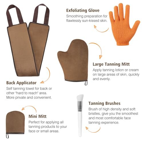 Luxspire 5 Piece Self Tanning Mitt Applicator Kit – Soft Tanner Mitt Set with Exfoliating Glove, Back Lotion Applicator, Face Makeup Brush, and Mini Finger Face Self Tanner Mitt for Lotions, Mousses, Creams - görsel 4