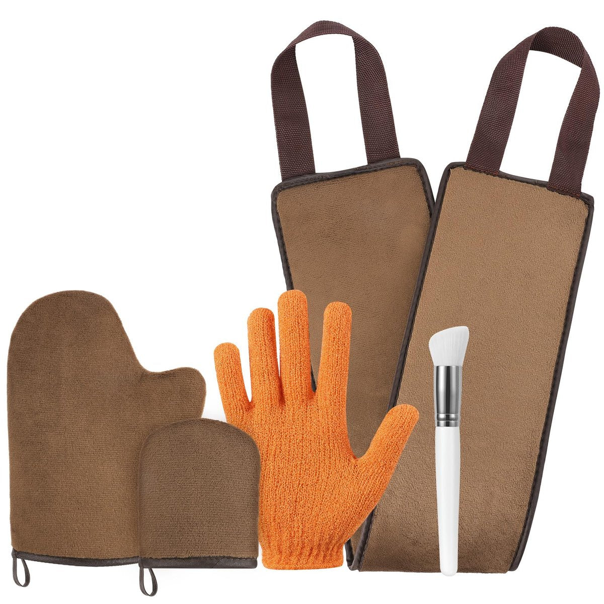 Luxspire 5 Piece Self Tanning Mitt Applicator Kit – Soft Tanner Mitt Set with Exfoliating Glove, Back Lotion Applicator, Face Makeup Brush, and Mini Finger Face Self Tanner Mitt for Lotions, Mousses, Creams - görsel 1