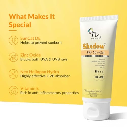 Fixderma Shadow SPF 50+ Gel Sunscreen for Face | Titanium Dioxide & Zinc | Broad Spectrum UVA/UVB Protection | Water Resistant, Lightweight Gel - 2.64 oz Avelisse