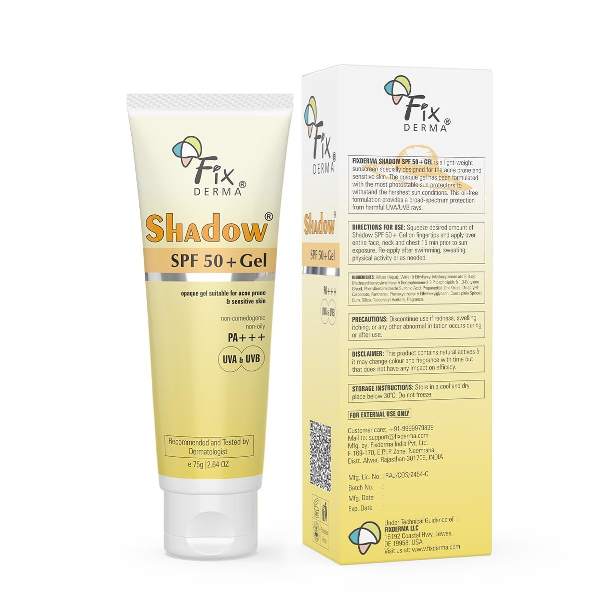 Fixderma Shadow SPF 50+ Gel Sunscreen for Face | Titanium Dioxide & Zinc | Broad Spectrum UVA/UVB Protection | Water Resistant, Lightweight Gel - 2.64 oz Avelisse