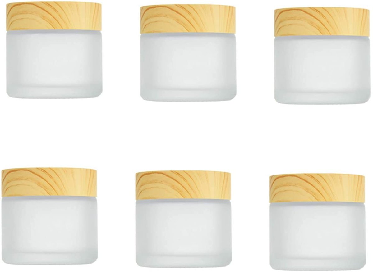 Healthcom 6-Pack 30ml Frosted Glass Jars with Wood Grain Lids – Refillable Cosmetic Cream Jars for Lip Balm, Eye Cream, and Lotion - görsel 1
