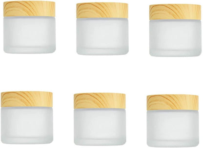 Healthcom 6-Pack 30ml Frosted Glass Jars with Wood Grain Lids – Refillable Cosmetic Cream Jars for Lip Balm, Eye Cream, and Lotion