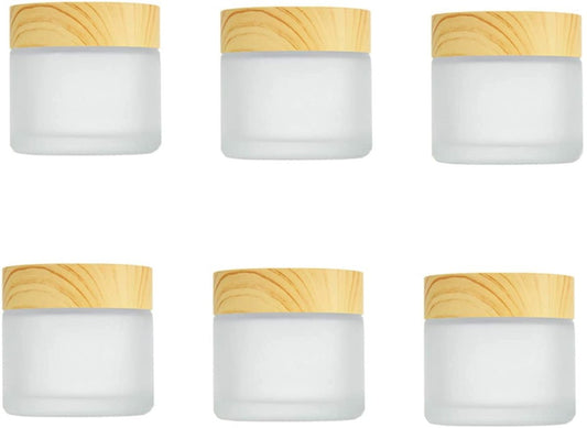 Healthcom 6-Pack 30ml Frosted Glass Jars with Wood Grain Lids – Refillable Cosmetic Cream Jars for Lip Balm, Eye Cream, and Lotion
