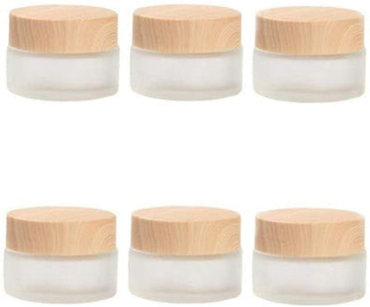 Healthcom 6-Pack 30ml Frosted Glass Jars with Wood Grain Lids – Refillable Cosmetic Cream Jars for Lip Balm, Eye Cream, and Lotion