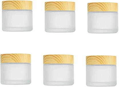 Healthcom 6-Pack 30ml Frosted Glass Jars with Wood Grain Lids – Refillable Cosmetic Cream Jars for Lip Balm, Eye Cream, and Lotion