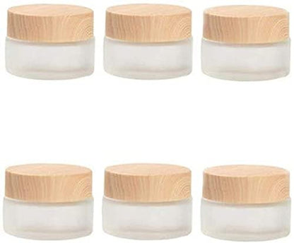 Healthcom 6-Pack 30ml Frosted Glass Jars with Wood Grain Lids – Refillable Cosmetic Cream Jars for Lip Balm, Eye Cream, and Lotion