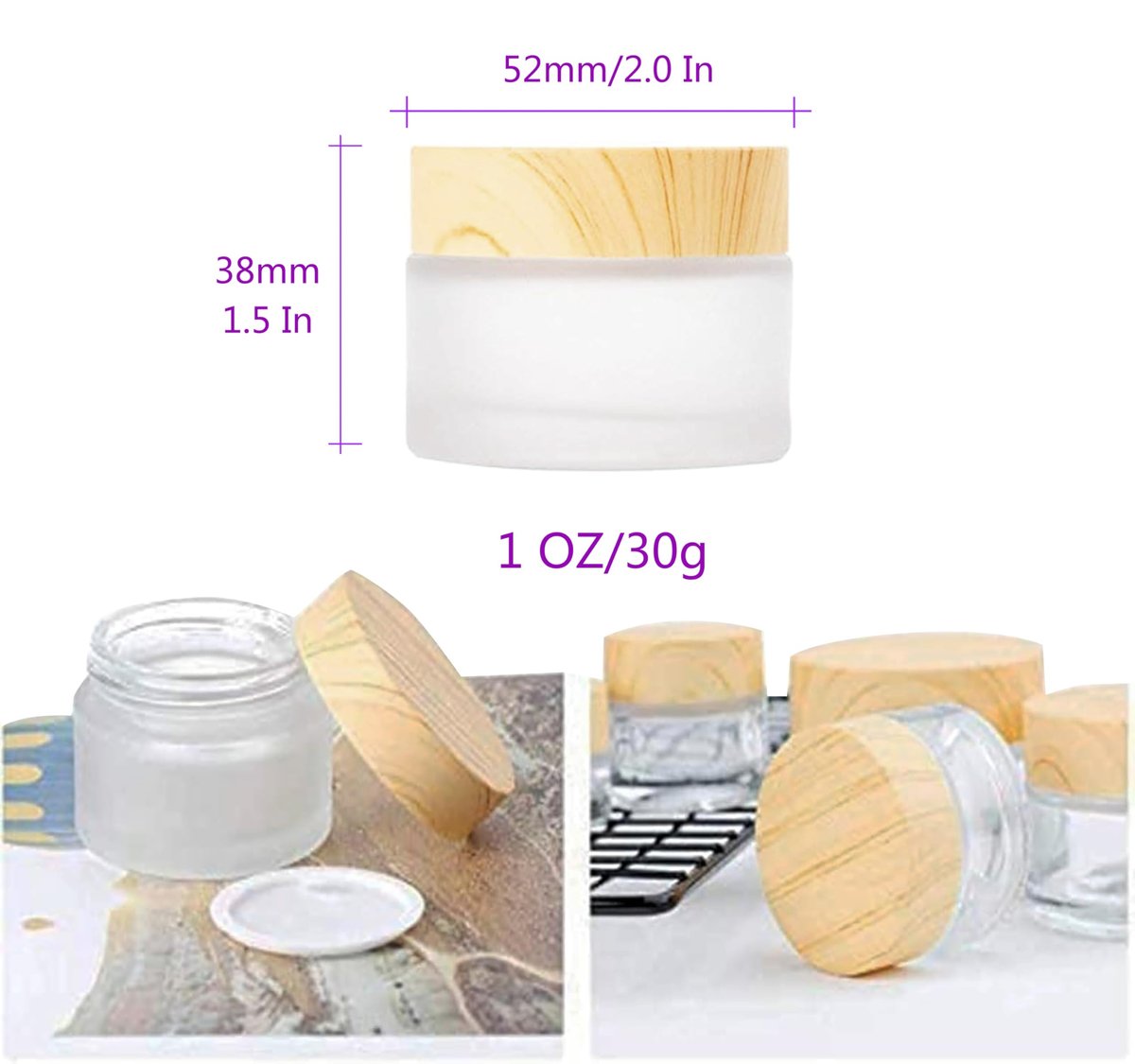 Healthcom 6-Pack 30ml Frosted Glass Jars with Wood Grain Lids – Refillable Cosmetic Cream Jars for Lip Balm, Eye Cream, and Lotion - görsel 3