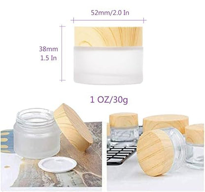 Healthcom 6-Pack 30ml Frosted Glass Jars with Wood Grain Lids – Refillable Cosmetic Cream Jars for Lip Balm, Eye Cream, and Lotion