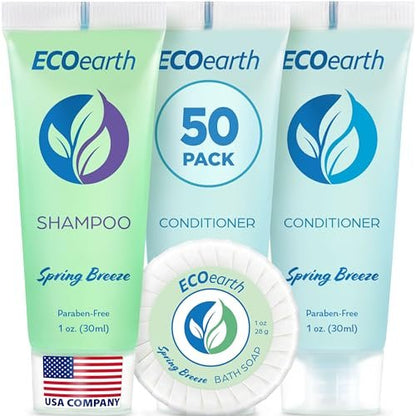EcoEarth Soap, Shampoo and Conditioner Set (1 oz Each, 150 Pieces, Spring Breeze) - Hotel Travel Size Body Soaps Kit, Revitalizing Hospitality Toiletries in Bulk
