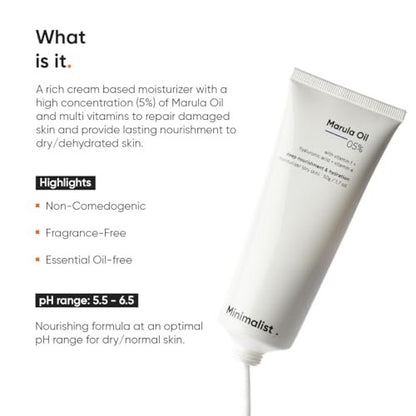 Minimalist Face Moisturizer for Dry Skin | Marula Oil 5% & Hyaluronic Acid | Deep Nourishment & Hydration | 1.7 oz
