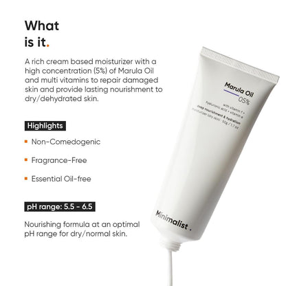 Minimalist Face Moisturizer for Dry Skin | Marula Oil 5% & Hyaluronic Acid | Deep Nourishment & Hydration | 1.7 oz