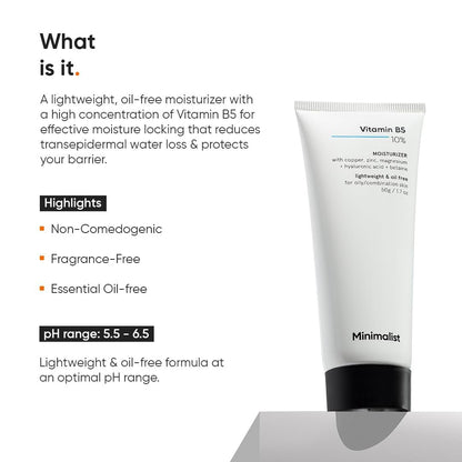 Minimalist Vitamin B5 10% Face Moisturizer - Oil-Free Lightweight Gel for Oily & Acne Prone Skin, 50g
