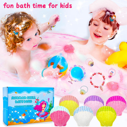 Mermaid Bath Bombs for Kids Girls with Surprise Inside - 6 Pack Natural Fizzy Princess Shell Bubble Bath Bomb Kit with Jewelry Toys, Easter Basket Stuffer Valentine Birthday Gift Set Avelisse